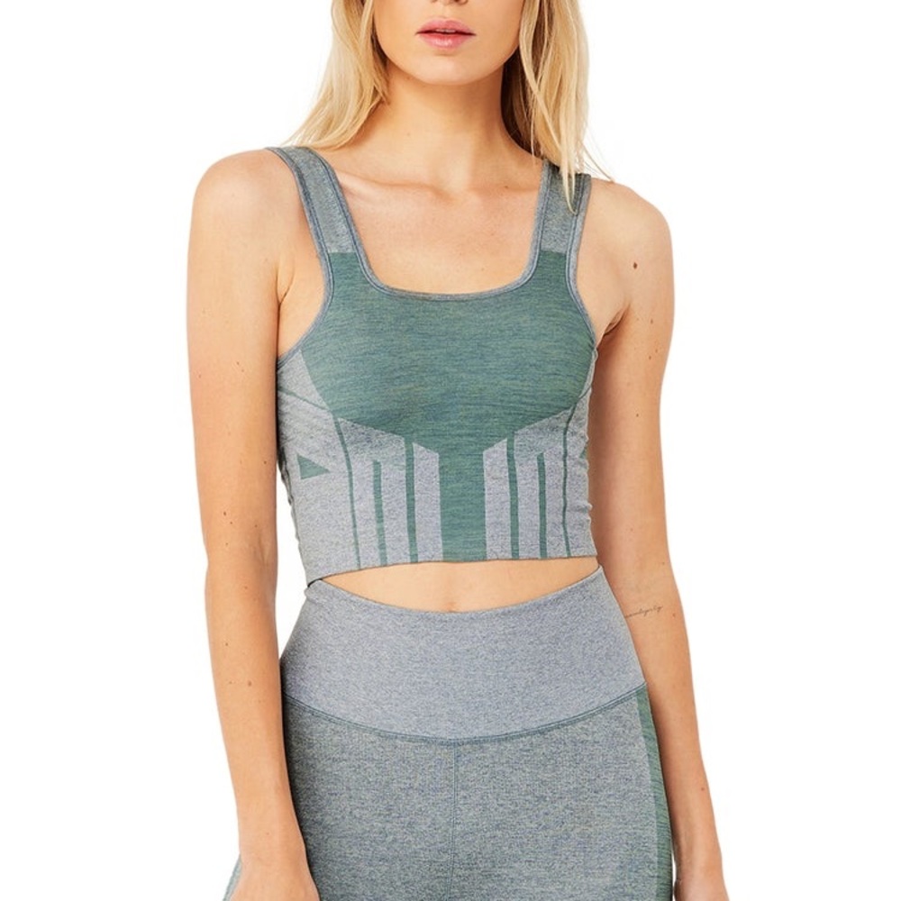 Alo Tempo Bra Tank in Blue Haze Heather / Sprout Heather Sz Large